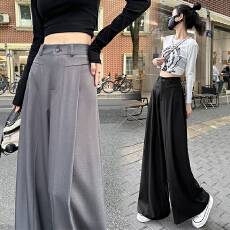 批发实拍复古腰头木耳边拼接休闲垂感显瘦直筒阔腿<b class='q'>西装</b>拖地长裤大码<b class='q'>女</b>