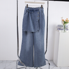 批发实拍美式假两件半裙牛仔裤女春秋高腰慵懒显瘦弯刀裤阔腿<b class='q'>拖地</b>长裤