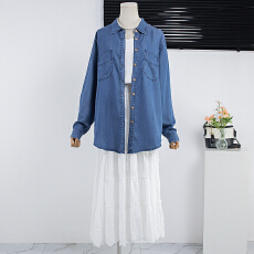 批发实拍天丝大码高端水洗牛仔衬衫女<b class='q'>设计</b>感小众宽松百搭叠穿衬衣垂感