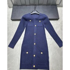 批发藏蓝色纯欲圆领长袖针织<b class='q'>连衣裙</b>女秋季小香风裙子修身收腰包臀短裙