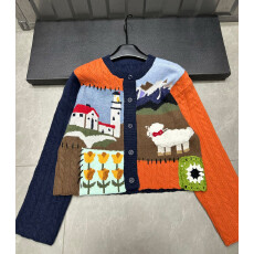 批发2025秋季新品童趣风景拼块毛织绞花圆领长袖短<b class='q'>针织</b><b class='q'>开衫</b>女