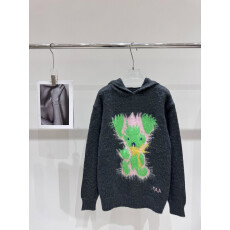 批发灰色小熊印花连帽套头毛衣宽松2025年秋冬季新款设计感小众针织衫