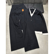 批发假两件拼接V领针织开衫<b class='q'>外套</b>女微胖大码显瘦宽松上衣套装高腰长裤