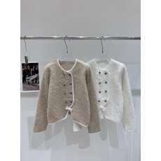 批发小香风蝴蝶结宝石扣温柔气质柔软毛绒外套针织开衫毛衣外套