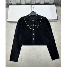 批发2025秋冬新款设计感小香风立体装饰圆领气质黑色<b class='q'>针织</b><b class='q'>开衫</b>外套上衣