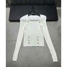 批发2025秋冬新款韩系方领金色纽扣针织衫毛衣<b class='q'>女</b>长袖收腰显胸性感上衣