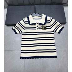 条纹短袖t恤女夏季修身显瘦小众设计感翻领款上衣学院风