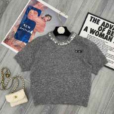 批发灰色圆领带钻短袖毛衣女<b class='q'>夏</b>季宽松百搭甜美小个子针织衫上衣