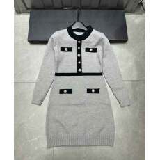 批发出席重要场合的裙子轻熟法式气质收腰小香风灰色拼接针织<b class='q'>连衣裙</b>秋