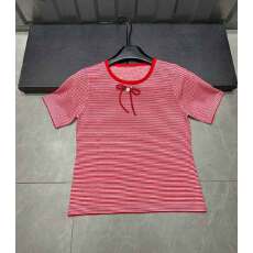 批发条纹蝴蝶结上衣女<b class='q'>夏</b>正肩设计感奶甜辣妹性感短袖T恤