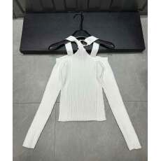 纯欲甜辣妹金属扣露肩挂脖短款上衣女早秋设计感修身显瘦长袖