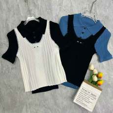 批发自留款推荐~设计感花边背心翻领短袖针织<b class='q'>衫</b>秋季新款修身内搭上衣