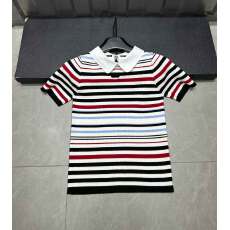 批发港味风格条纹<b class='q'>短袖</b><b class='q'>T</b><b class='q'>恤</b>女夏季新款翻领修身针织衫显瘦正肩上衣