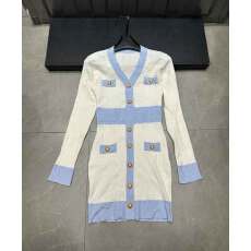 批发小香风超好看性感蓝色V领针织<b class='q'>连衣裙</b>女秋冬季气质显瘦包臀毛衣裙