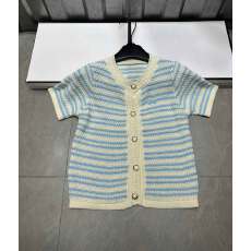 批发时髦调性小香风撞色条纹<b class='q'>圆领</b>短袖<b class='q'>针织</b><b class='q'>开衫</b>女别致宽松正肩上衣