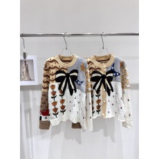 甜美风蝴蝶结刺绣花朵拼色圆领针织开衫宽松百搭毛衣外套