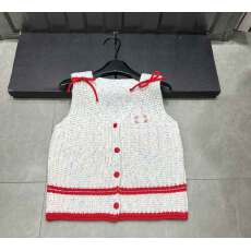 批发红扣蝴蝶结新款红色V领无袖针织马甲女时尚百搭学院风背心