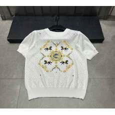 批发小香风菱格小马针织衫女夏季欧货花朵别致绝美打底衫短袖t恤上衣