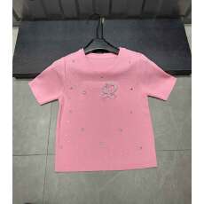 批发粉色烫钻钢印字母短袖t恤女夏<b class='q'>装</b>新款甜美洋气减龄百搭正肩上衣