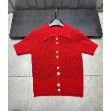 批发气质红色翻领金扣针织<b class='q'>开衫</b>短袖T恤女新款<b class='q'>夏季</b>打底轻熟风上衣