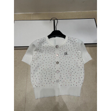 批发2026年春夏新款针织字母彩色钻短袖单排扣开衫宽松百搭女上衣