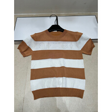 批发2026年春夏新款针织<b class='q'>镂空</b>字母条纹短袖圆领套头宽松百搭女上衣