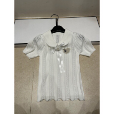 批发2026年夏季新款针织M字母牌爱心花朵娃娃领短袖套头显瘦女上衣潮