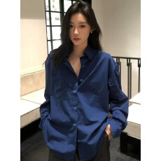 批发宝蓝色polo领长袖<b class='q'>衬衫</b>女2025秋季新款高级感轻奢宽松气质休闲<b class='q'>衬衣</b>