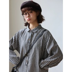 批发半芍日系文艺简约条纹衬衫女<b class='q'>秋</b>冬设计感上衣宽松显瘦小个子衬衣