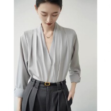 批发ACHU 素雅温润 绿色缎面V领衬衫女<b class='q'>职业</b>装上衣OL衬衣职场通勤女装