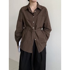 批发咖色美拉德色系<b class='q'>条纹</b>收腰绑带<b class='q'>衬衫</b>2025年女式新款<b class='q'>衬衣</b>质感初秋上衣