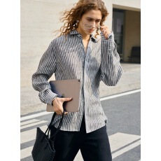 批发100%纯亚麻色织条纹<b class='q'>衬衫</b><b class='q'>衬衣</b><b class='q'>男</b>女通用日常度假百搭上衣休闲老钱风