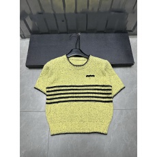 批发早春新款旋门logo条纹拼色针织圆领短袖<b class='q'>休闲</b>百搭上衣