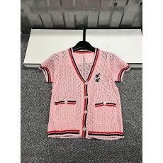 批发2026春夏新款<b class='q'>镂空</b>V领提花字母针织开衫短袖减龄休闲上衣