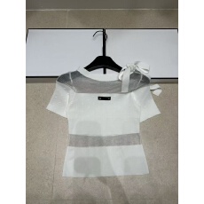 批发2026夏季新款拼接网纱飘带针织圆领短袖休闲百搭上衣