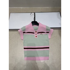 批发胸针条纹撞色翻领短袖2026夏季新款修身短款百搭上衣