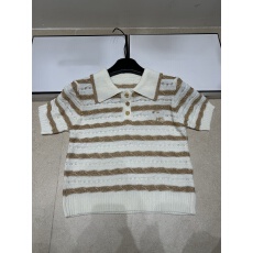 批发新款金刺绣翻领领拼接镂空金色条纹针织短袖简约休闲百搭上衣26