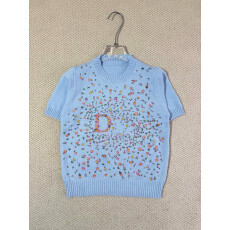 批发重工彩色花卉刺绣圆领针织短袖青色休闲通勤百搭女上衣夏季新款