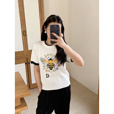 批发新款重工刺绣蜜蜂针织圆领短袖简约休闲通勤百搭女上衣2026夏季