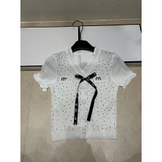 批发2026夏季新款蝴蝶结彩钻V领<b class='q'>开衫</b><b class='q'>针织</b>短袖简约轻奢百搭上衣