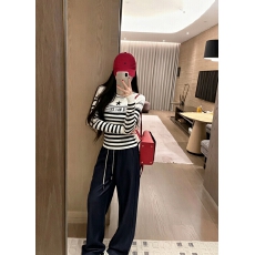 批发早秋新款提花字母条纹针织圆领长袖<b class='q'>气质</b>修身百搭上衣