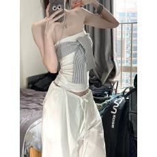 批发夏季新款复古露背条纹绑带拼接设计感抹胸修身显瘦上衣