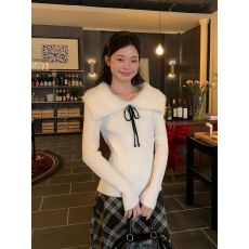 批发已出货 一字毛领毛衣针织衫秋<b class='q'>冬</b>修身蝴蝶结上衣