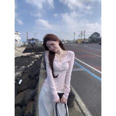 批发韩系甜辣妹粉色亨利领内搭长袖t恤女<b class='q'>打底衫</b>ins