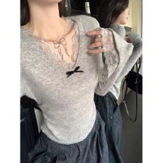 批发秋冬洋气内搭长袖上衣慵懒风高级感v领蕾丝<b class='q'>打底衫</b>
