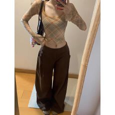 批发纯欲格纹长袖T恤女修身显瘦<b class='q'>打底衫</b>上衣