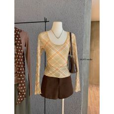 批发纯欲格纹长袖T恤女修身显瘦<b class='q'>打底衫</b>上衣