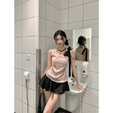 批发蝴蝶结斜肩吊带背心女夏<b class='q'>新款</b>纯欲甜辣妹内搭外穿绑带上衣