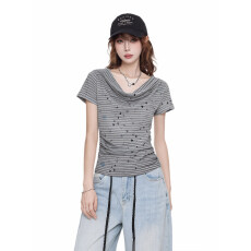 批发纯欲辣妹一字斜角露肩荡领短袖<b class='q'>t</b><b class='q'>恤</b>女夏星星<b class='q'>印花</b>撞色修身条纹上衣