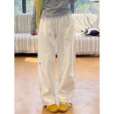 批发白色爱心刺绣阔腿裤女春季新款大码<b class='q'>胖</b>mm<b class='q'>高腰</b>显瘦慵懒风